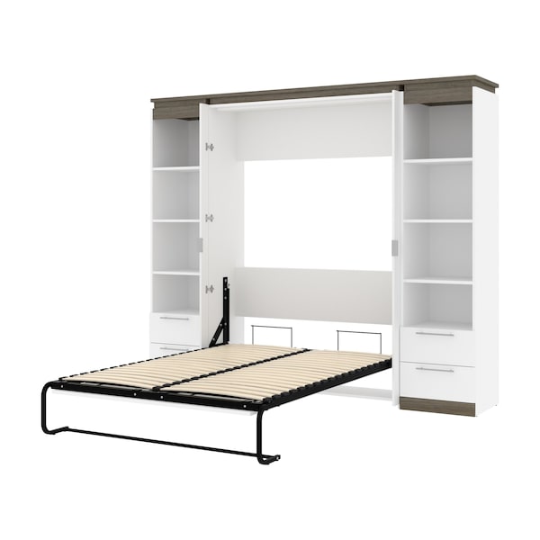 Orion 98W Full Murphy Bed And 2 Narrow Shelving Units With Drawers (99W), White & Walnut Grey